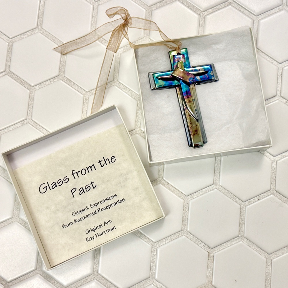 Colorful Recycled Glass Cross Christmas Ornament - Picture 5 of 5